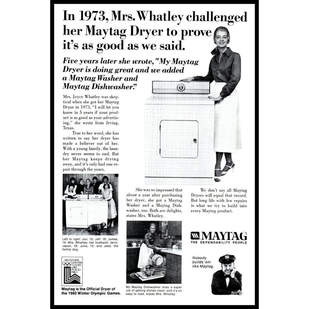 1980 Maytag Clothes Dryer Repairman Vintage Print Ad Olympics Sponsor Wall Art